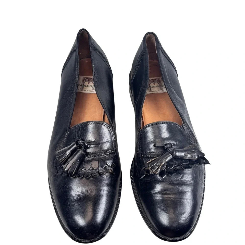 VTG Made ITALY Tassel Kiltie Loafers 10 Black Leather Preppy Academia Cable & Co